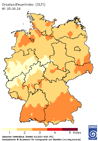 Deutschlandkarte mit dem Tageswert des Grasland-Feuerindex, heute (12 UTC - Wert)