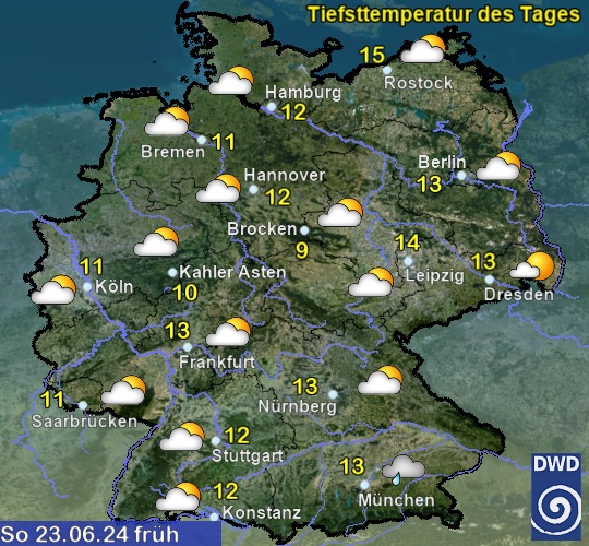 Vorhersage für Deutschland für den 4. Tag früh mit Temperatur und Wetter