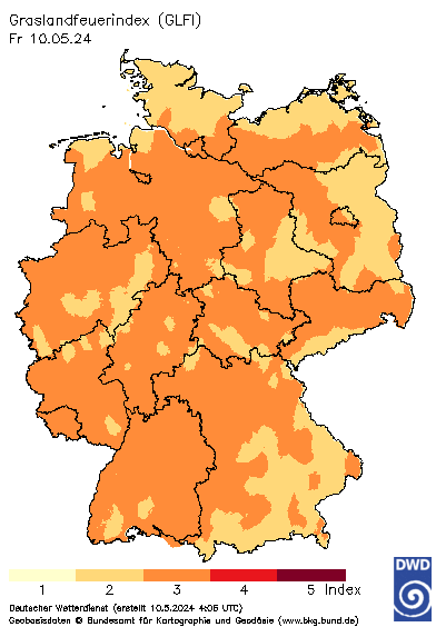 Deutschlandkarte mit dem Tageswert des Grasland-Feuerindex, heute (12 UTC - Wert)