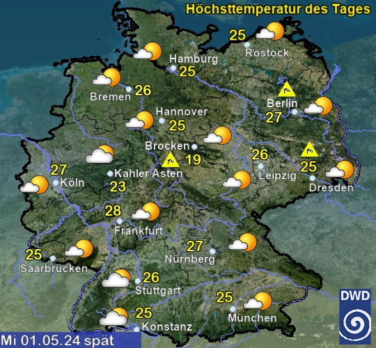Vorhersage für heute spät mit Höchsttemperatur und Wetter für Deutschland