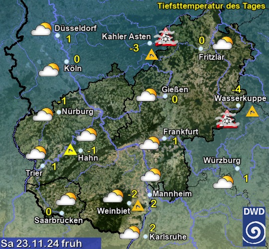 Vorhersage für morgen früh mit Tiefsttemperatur und Wetter für Region Mitte