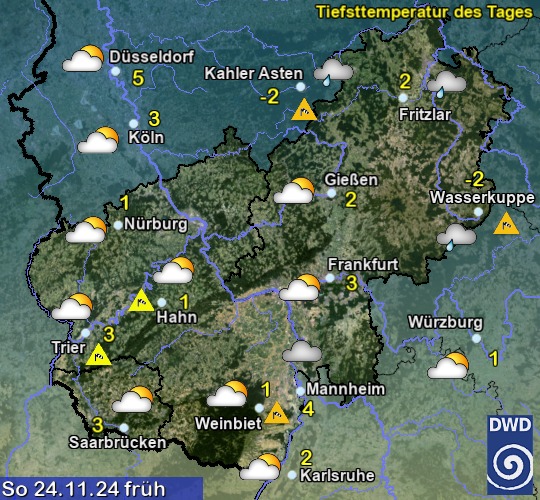 Vorhersage für übermorgen früh mit Tiefsttemperatur und Wetter für Region Mitte