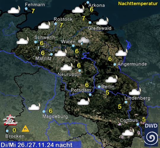 Vorhersage für heute mit Nachttemperatur und Wetter für Region Nordost