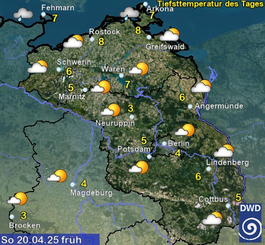 Vorhersage für morgen früh mit Tiefsttemperatur und Wetter für Region Nordost