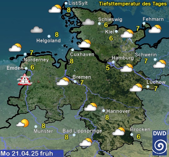 Vorhersage für übermorgen früh mit Tiefsttemperatur und Wetter für Region Nordwest