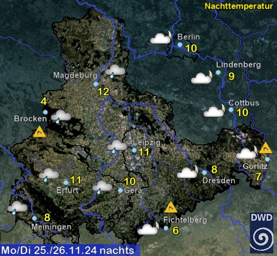 Vorhersage für heute mit Nachttemperatur und Wetter für Region Ost