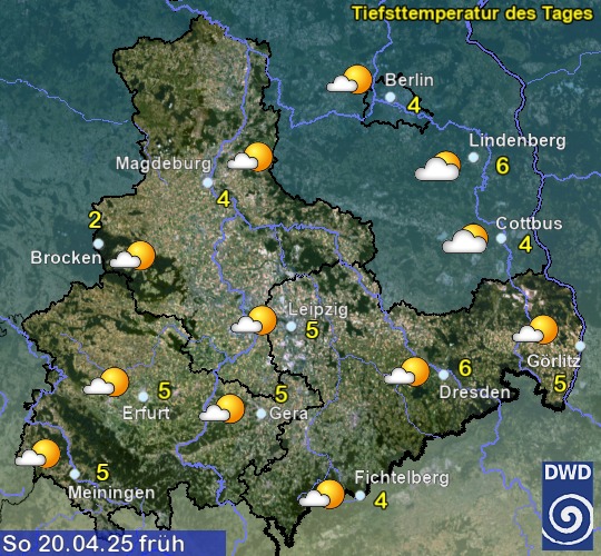 Vorhersage für morgen früh mit Tiefsttemperatur und Wetter für Region Ost