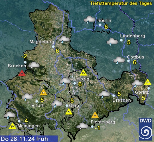 Vorhersage für übermorgen früh mit Tiefsttemperatur und Wetter für Region Ost