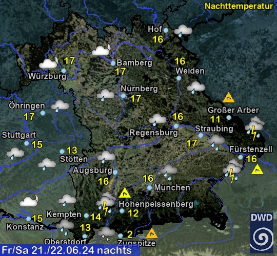 Vorhersage für heute mit Nachttemperatur und Wetter für Region Suedost