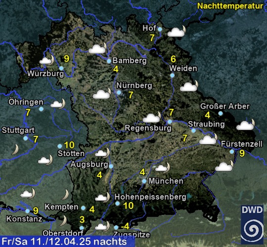 Vorhersage für heute mit Nachttemperatur und Wetter für Region Suedost