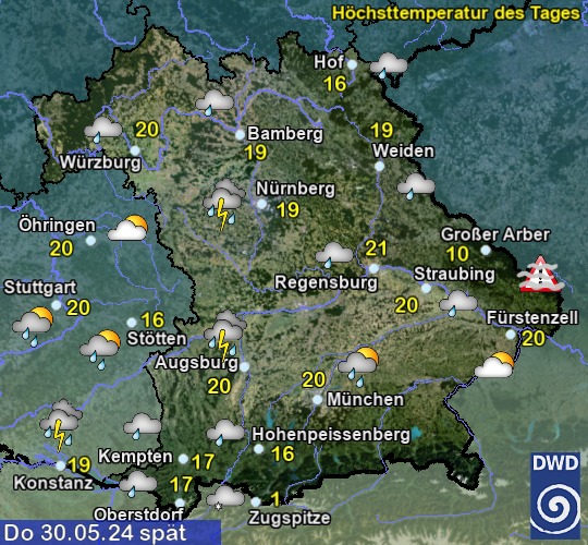 Vorhersage für heute mit Höchsttemperatur und Wetter für Region Suedost