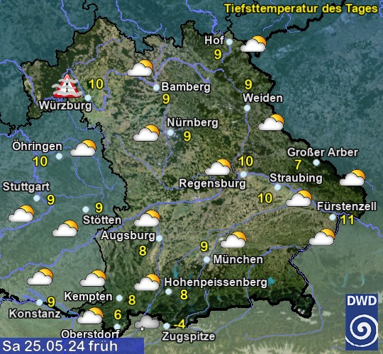 Vorhersage für morgen früh mit Tiefsttemperatur und Wetter für Region Suedost