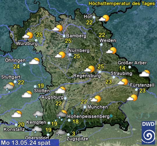 Vorhersage für übermorgen mit Höchsttemperatur und Wetter für Region Suedost