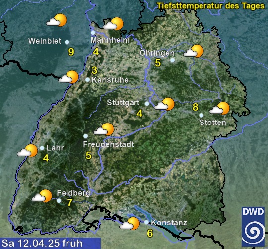 Vorhersage für morgen früh mit Tiefsttemperatur und Wetter für Region Suedwest