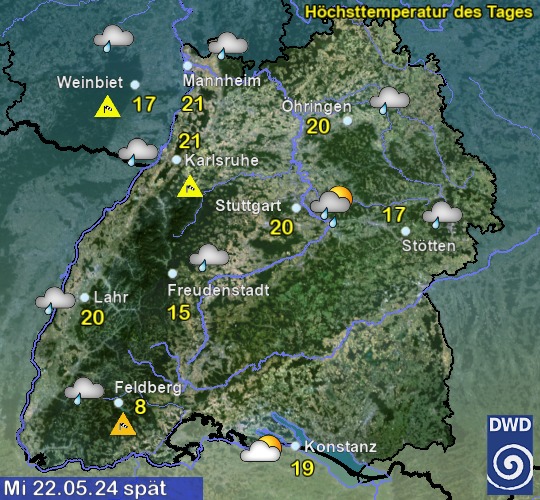 Vorhersage für 4. Tag mit Höchsttemperatur und Wetter für Region Suedwest