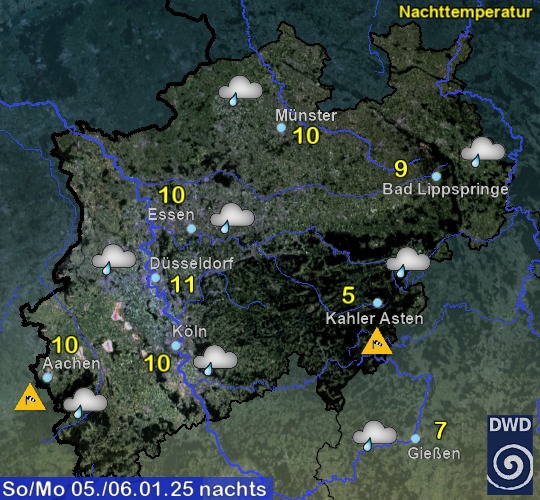 Vorhersage für heute mit Nachttemperatur und Wetter für Region West