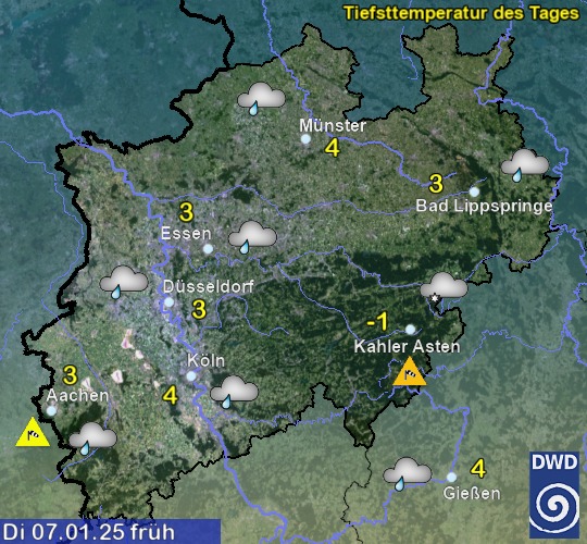 Vorhersage für übermorgen früh mit Tiefsttemperatur und Wetter für Region West