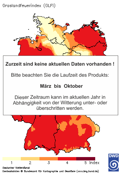 Deutschlandkarte mit dem Tageswert des Grasland-Feuerindex, heute (12 UTC - Wert)